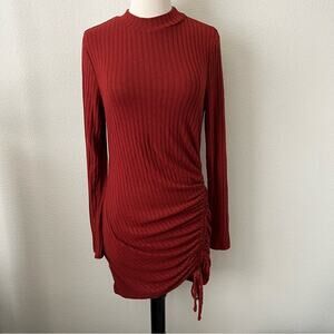 No Boundaries NOBO red orange ribbed knit long sleeve mock neck bodycon dress